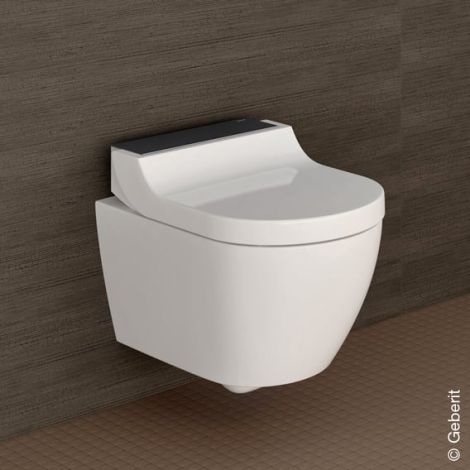 GEBERIT AquaClean Tuma Comfort toaleta myjąca wisząca  z deską WC z powłoką keratec kolor biały , Panel dekoracyjny: szkło czarne 146290SJ1 146.290.SJ.1 od 